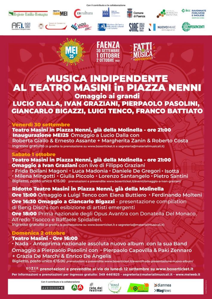 MEI 2022: 30 settembre, 1 e il 2 ottobre al Teatro Masini di FAENZA (RA) omaggio a BATTIATO, BIGAZZI, DALLA, GRAZIANI, PASOLINI e TENCO