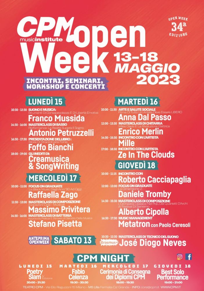 Da sabato 13 a giovedì 18 maggio torna l'OPEN WEEK al CPM Music Institute di Milano - Con artisti e operatori del settore della scuola di musica fondata e da Franco Mussida